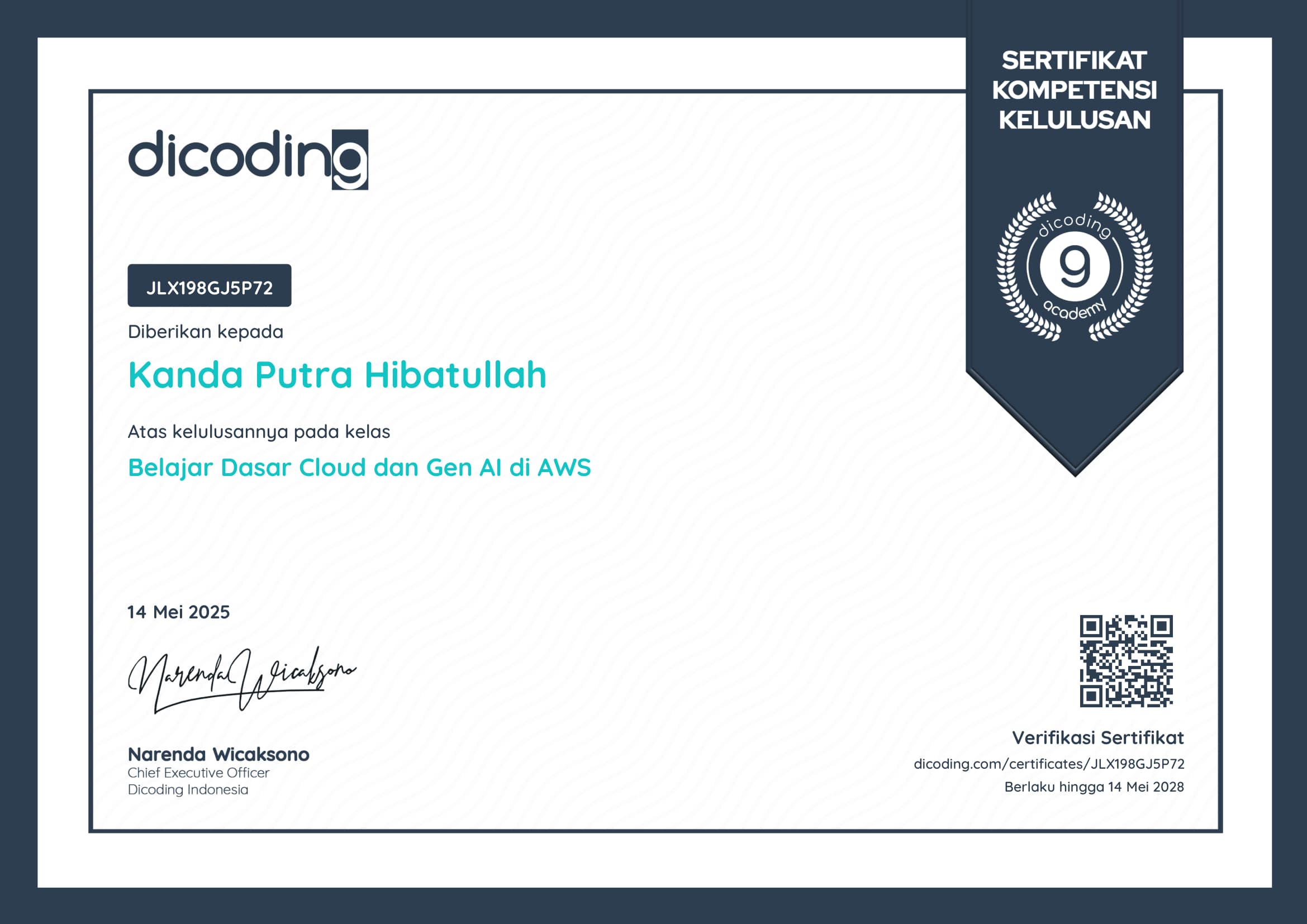 Certificate for Cloud Gen AI AWS issued by Dicoding to Kanda Putra
