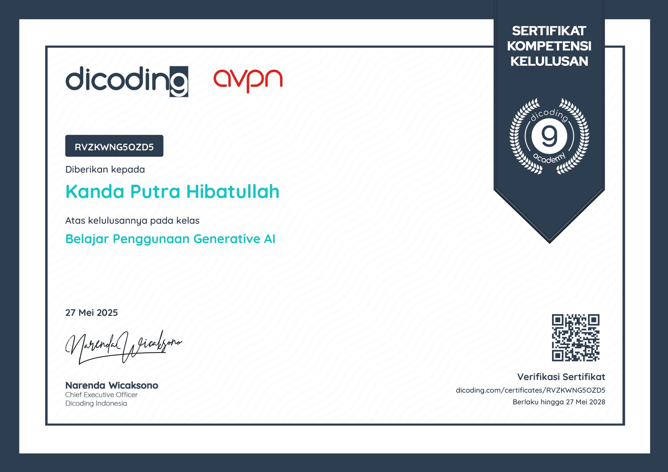 Certificate for Generative AI issued by Dicoding to Kanda Putra