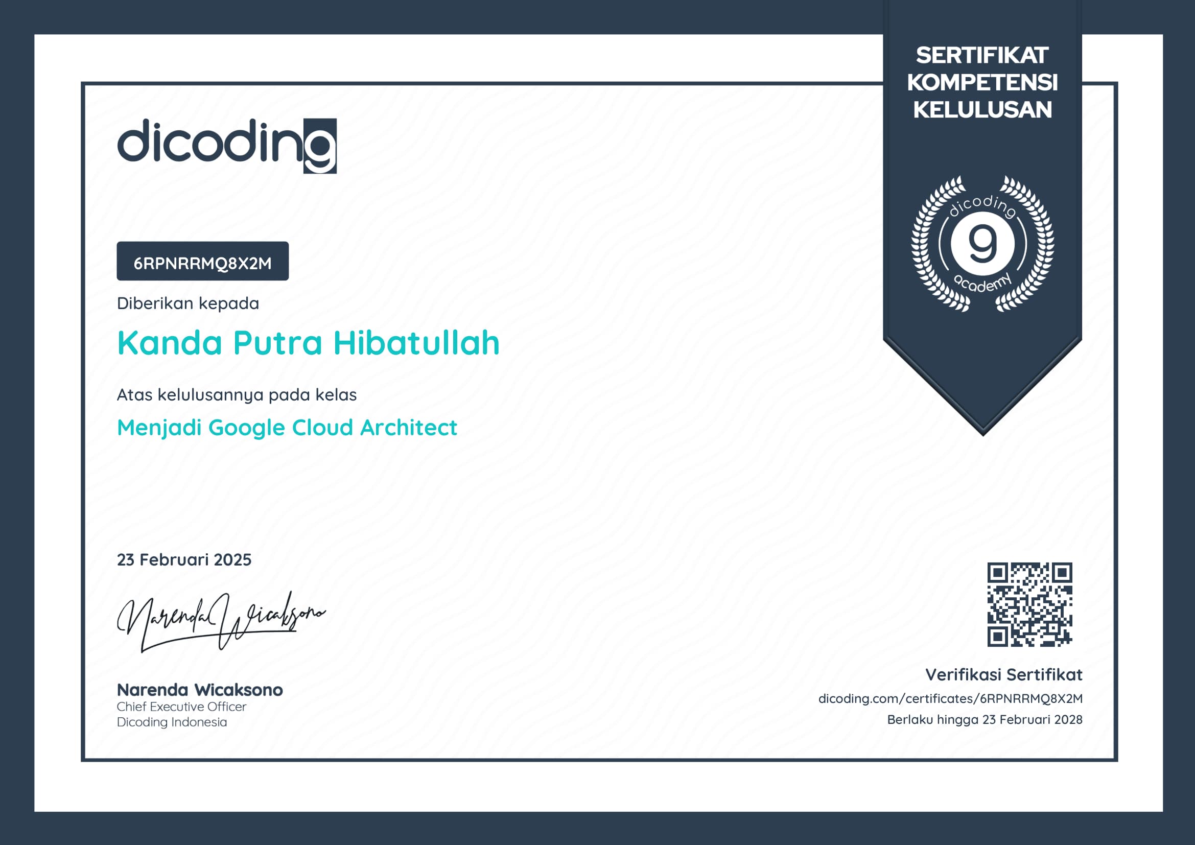 Certificate for Google Cloud Architecture issued by Dicoding to Kanda Putra